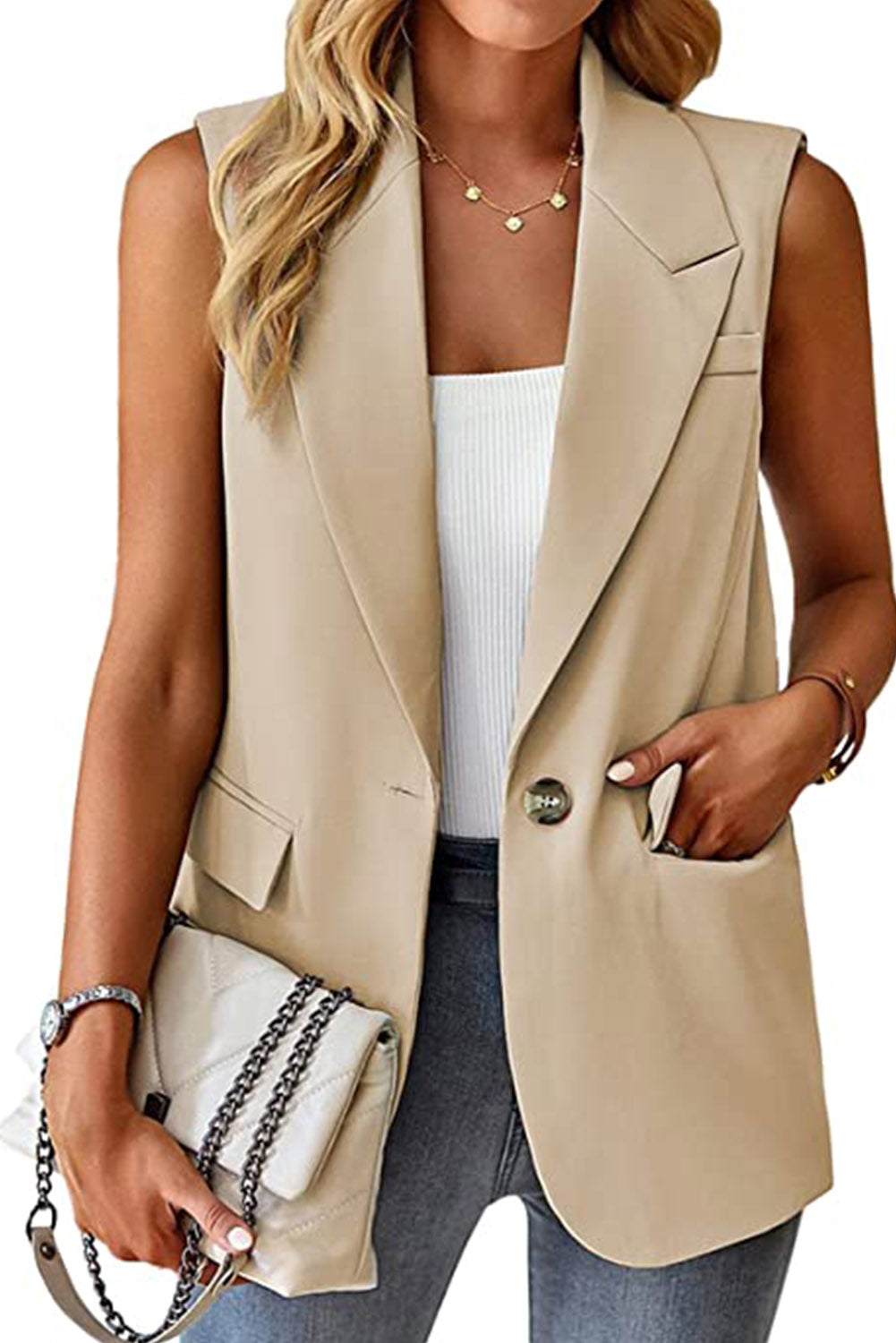 Single Button Pocketed Lapel Vest Blazer