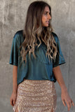 Glitter Chest Pocket Round Neck Long Sleeve Top