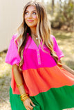 Crinkle Bubble Sleeve Color Block Blouse