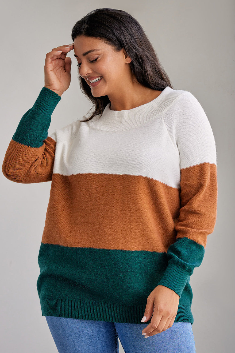 Plus Size Ribbed Trim Color Block Sweater