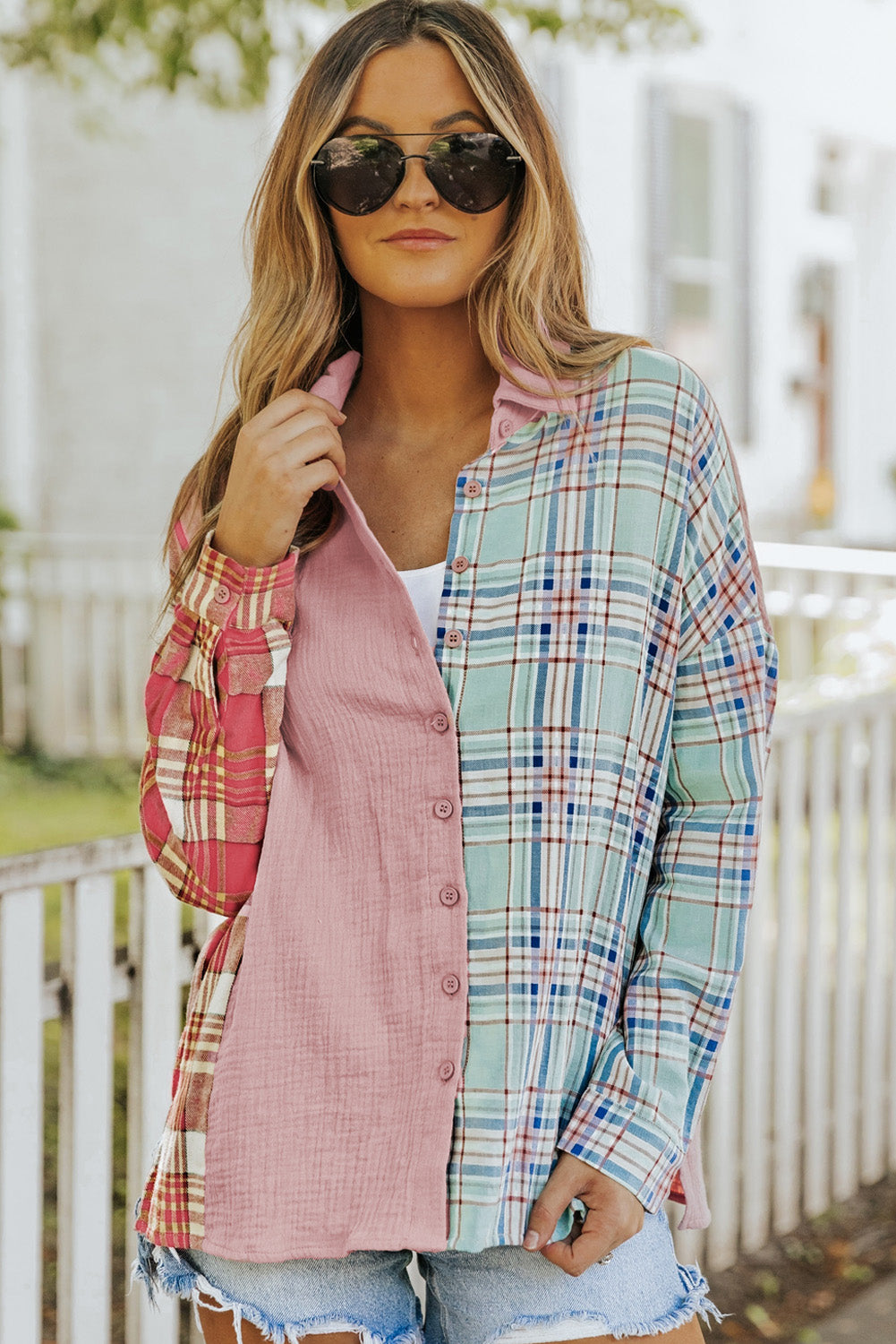 Plaid Contrast Color Block Shirt