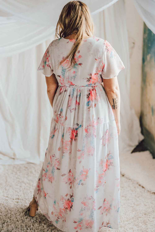 V Neck Short Sleeves Floral Print Maxi Dress