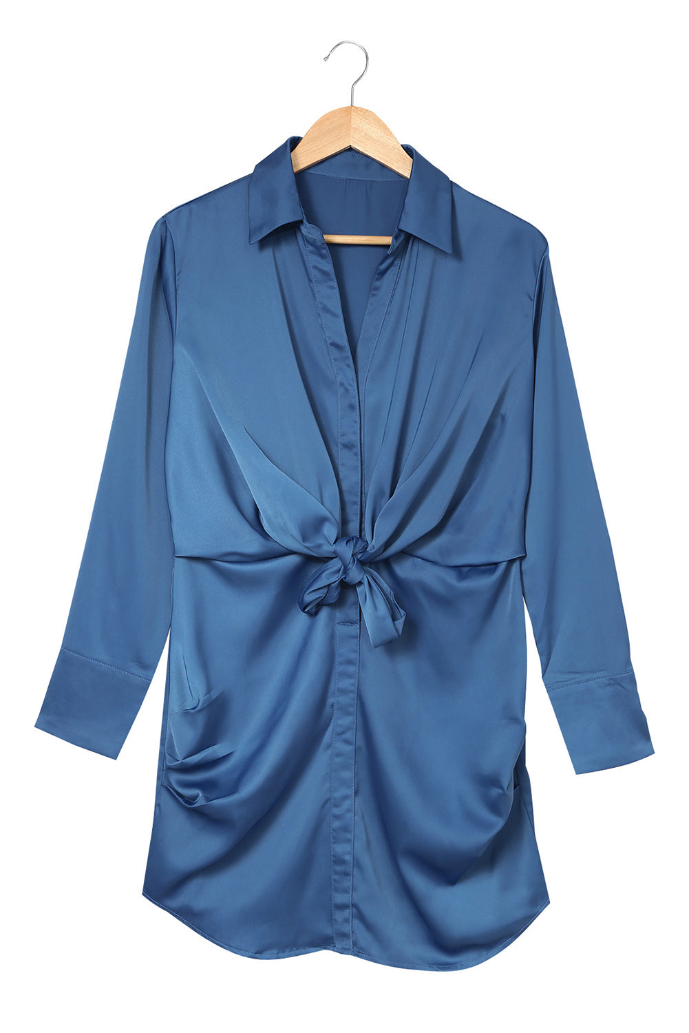 Ruched Front Tie Buttoned Long Sleeve Shirt Dress