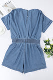 V Neck Smocked Waist Pocketed Chambray Romper