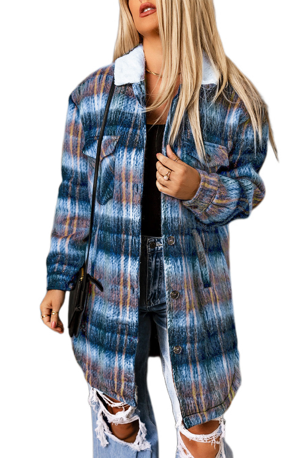 Woolen Lining Plaid Brushed Long Coat