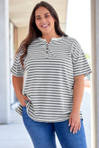 T-shirt Henley rayé à manches courtes de grande taille 