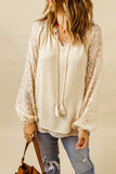 Leopard Mesh Bubble Sleeve Split Neck Blouse