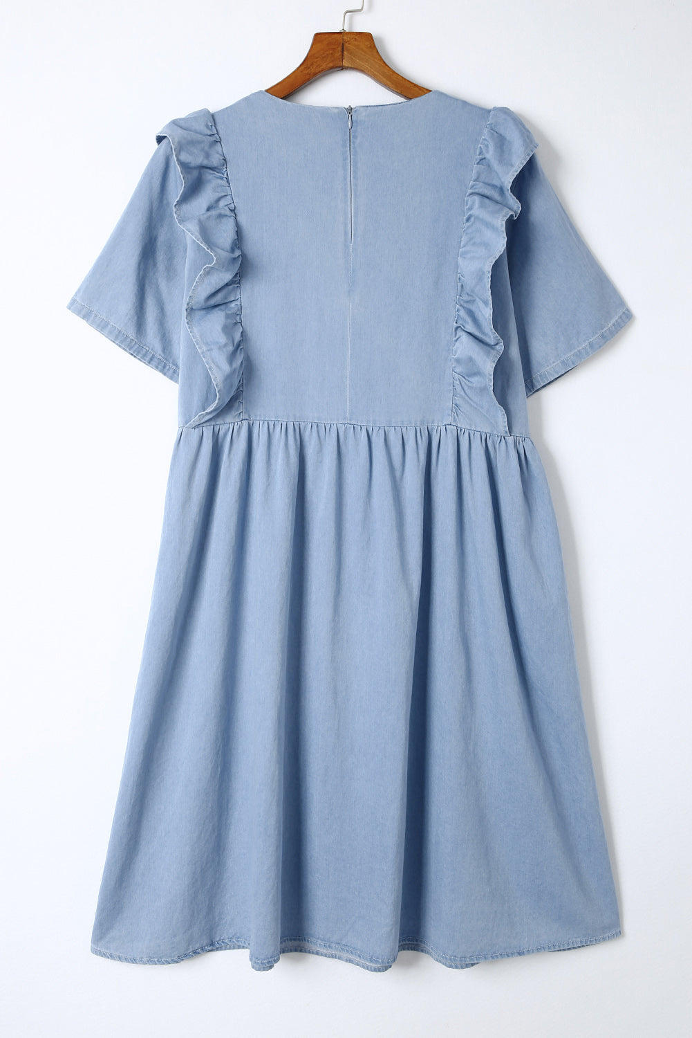 Robe midi en chambray à volants bleu ciel