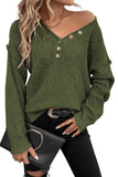 Khaki Pointelle Knit Button V Neck Drop Shoulder Sweater