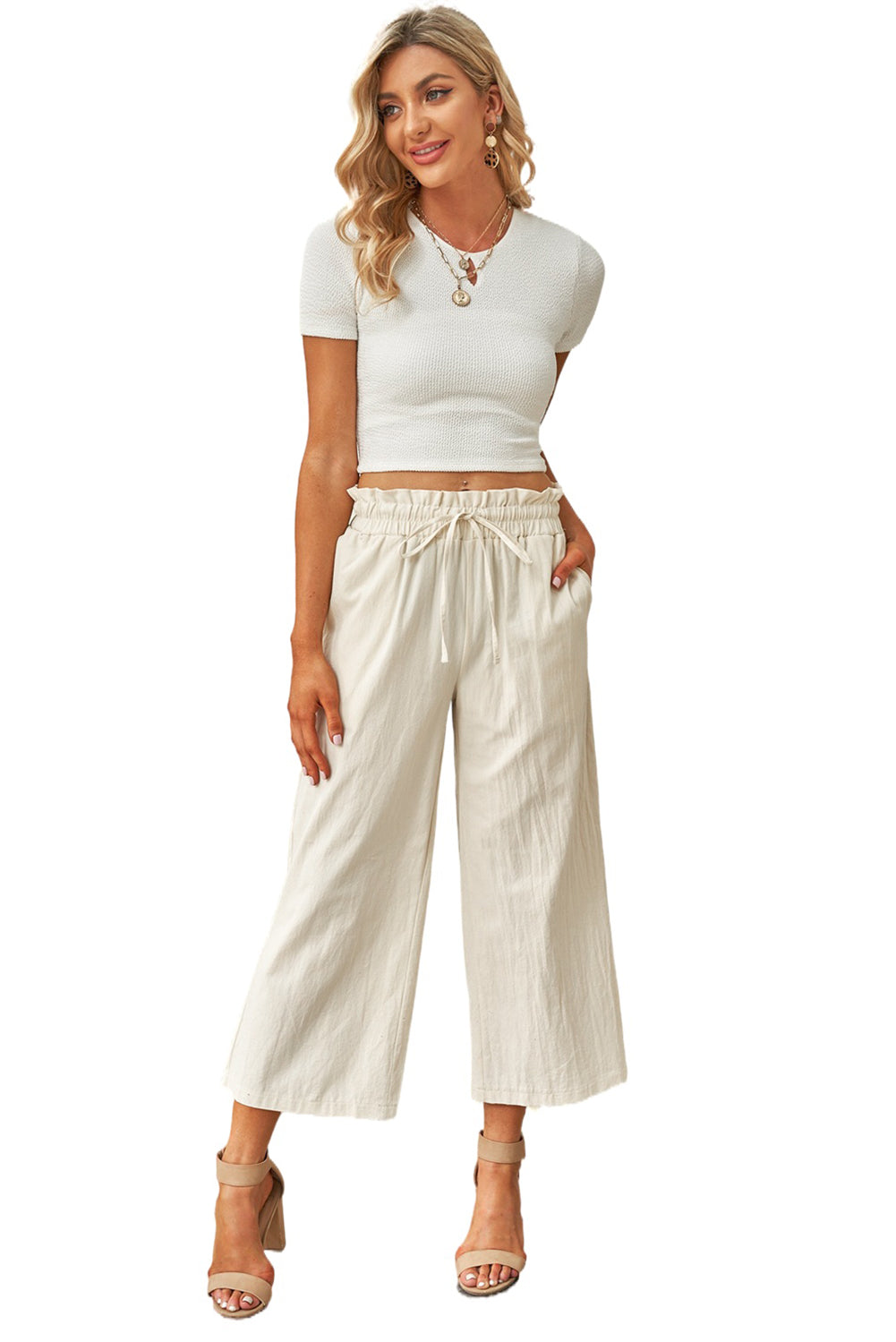 Paperbag Waist Straight Leg Cropped Pants