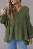 Henley Button Drop Shoulder Loose Sleeve Raw Edge Top