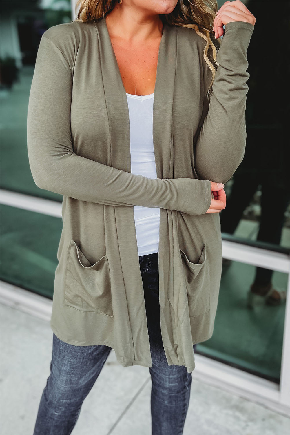 Sage Green Solid Color Slouchy Pockets Tunic Cardigan