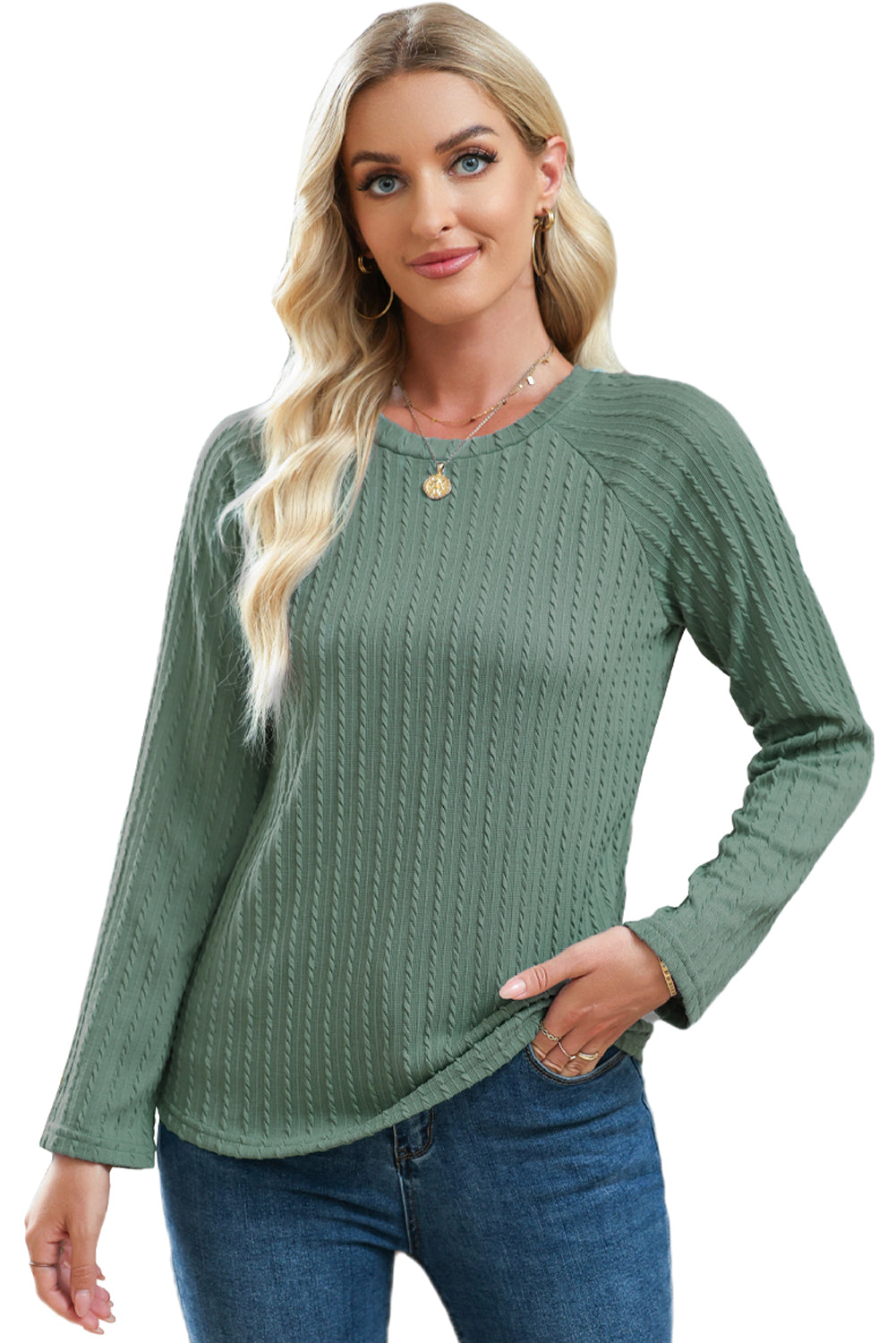 Khaki Ribbed Round Neck Knit Long Sleeve Top