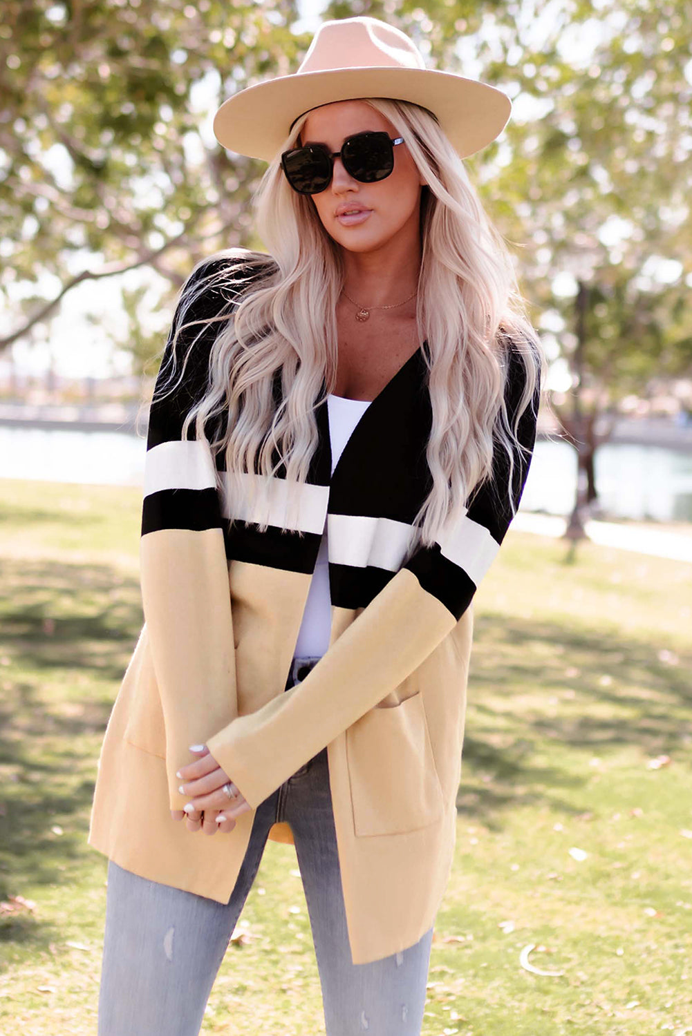 Color Block Striped Open Front Cardigan