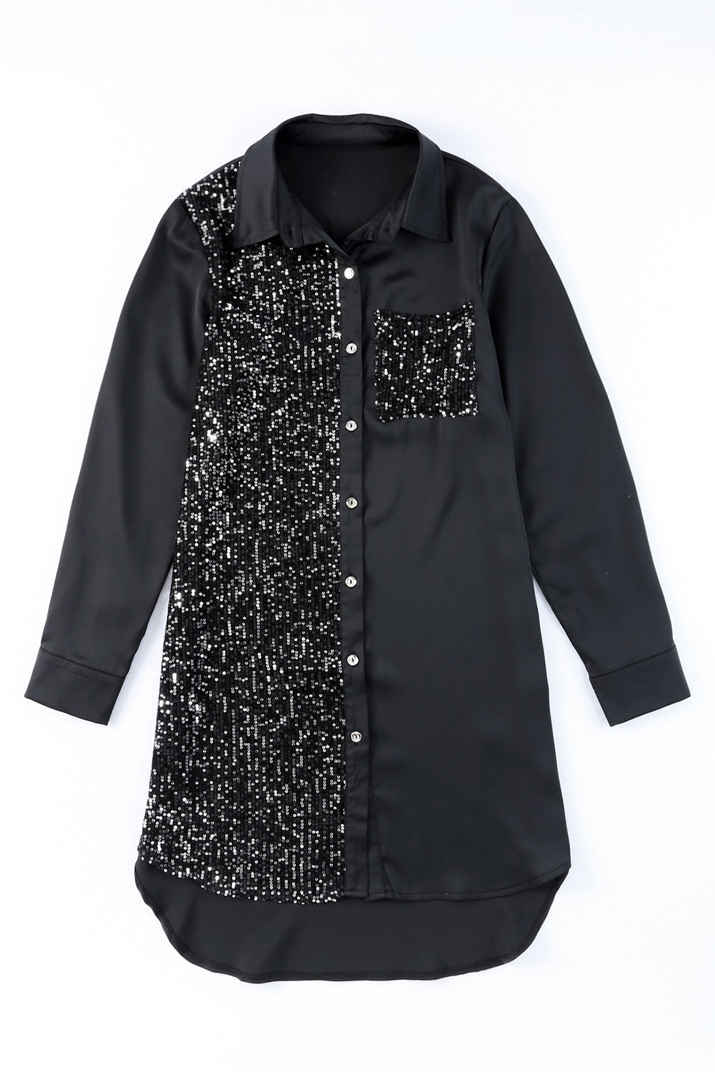 Sequin Splicing Pocket Buttoned Shirt Dress