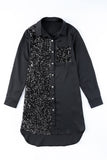 Sequin Splicing Pocket Buttoned Shirt Dress