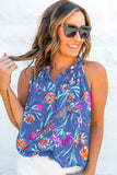 Sky Blue Floral Print Buttoned Neckline Tank Top