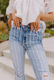 Vertical Striped Ripped Flare Jeans