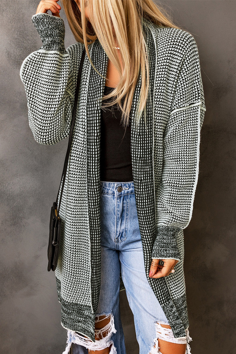 Gray Textured Knit Pocketed Duster Cardigan