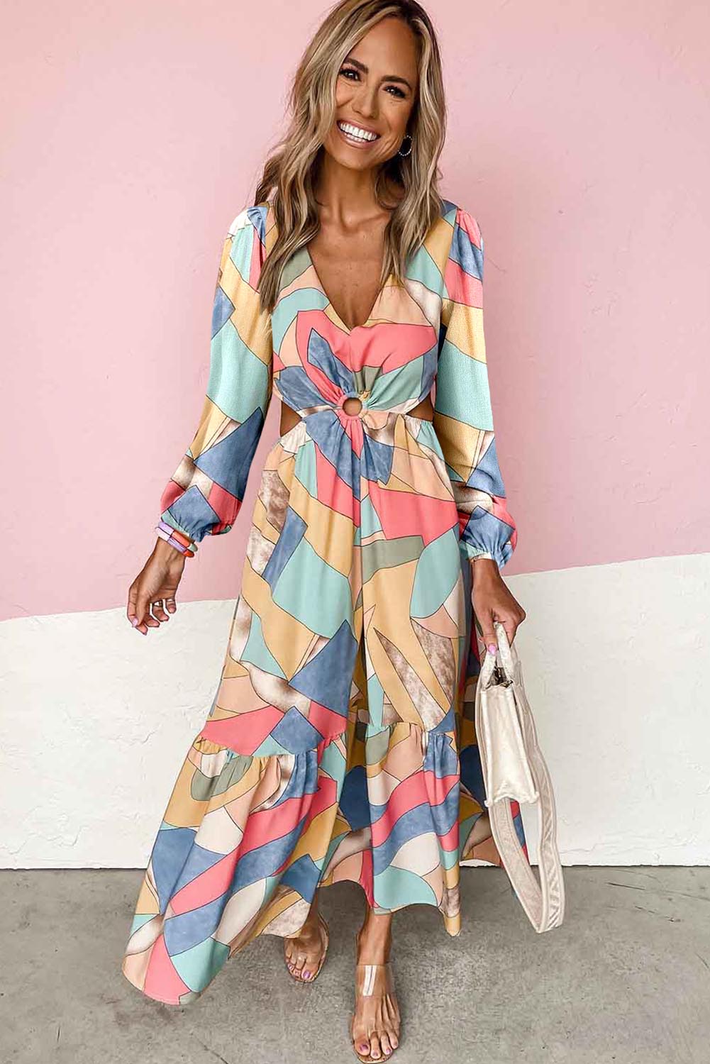 Abstract Print O-ring Cut out Long Sleeve Maxi Dress