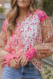 Pink Mixed Floral Printed Puff Sleeve V-Neck Shirt