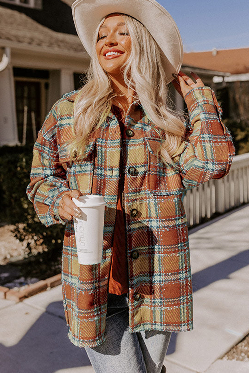 Oversized Flap Pockets Plaid Shacket with Slits