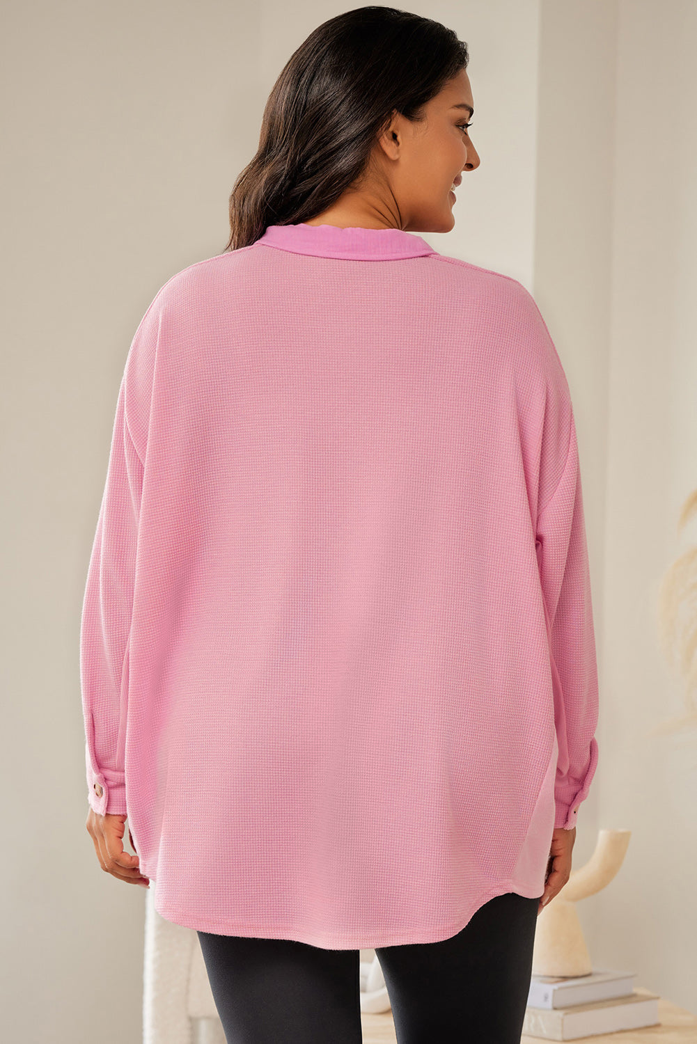 Plus Size Waffle Knit Exposed Seam Shirt