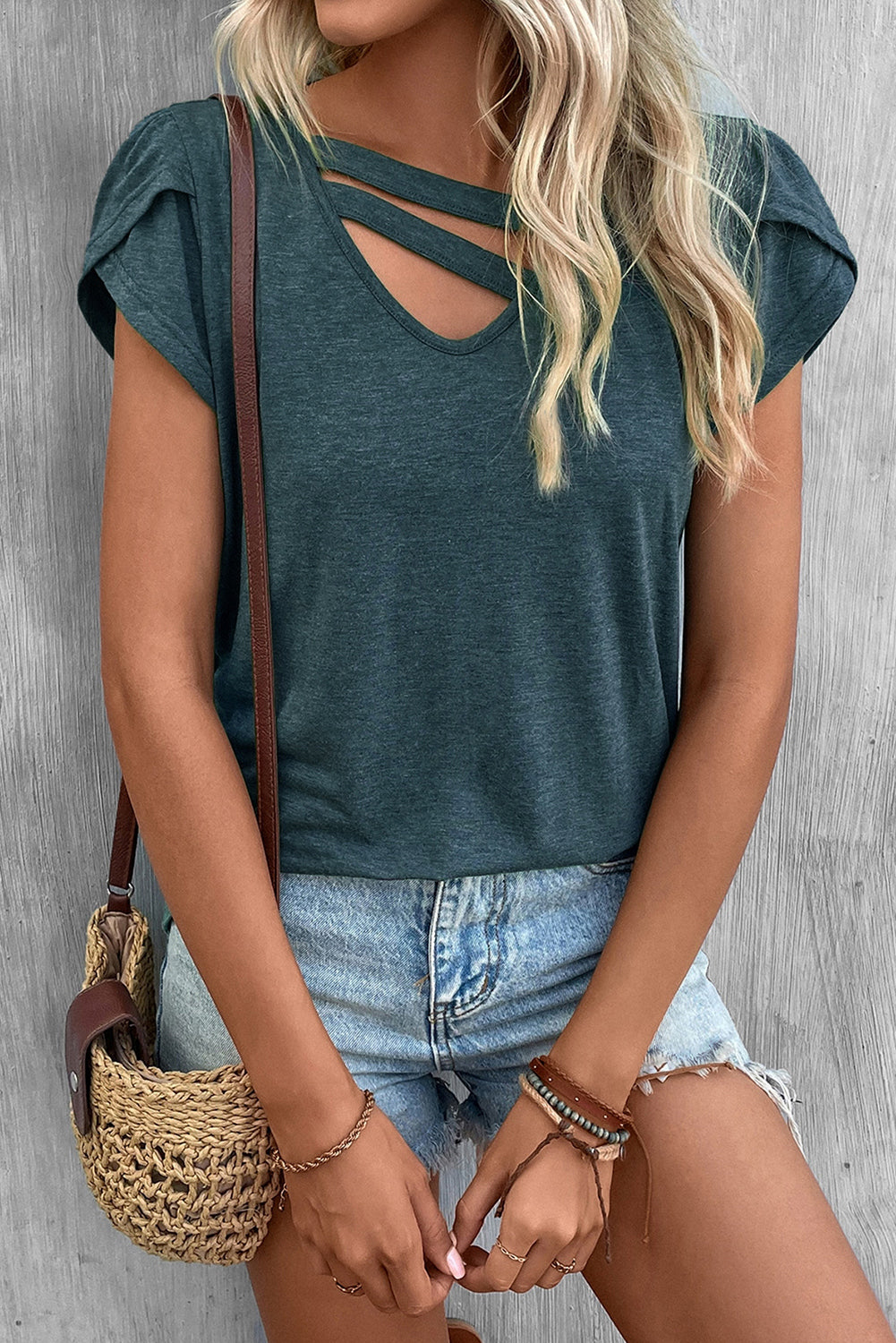 Strappy V Neck Overlap Short Sleeve Top