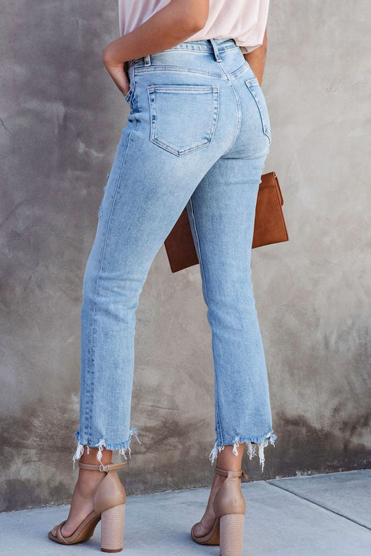 Cross Over Waist Raw Edge Cropped Jeans