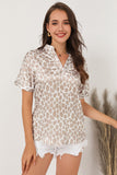 Mandarin V Neck Short Sleeve Leopard Blouse