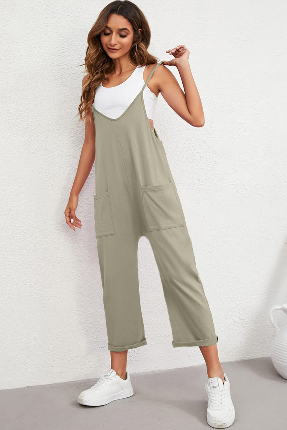 Pocketed Adjustable Spaghetti Strap Straight Leg Jumpsuit