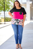 Floral Color Block Sequin Pocket Plus Size Tee