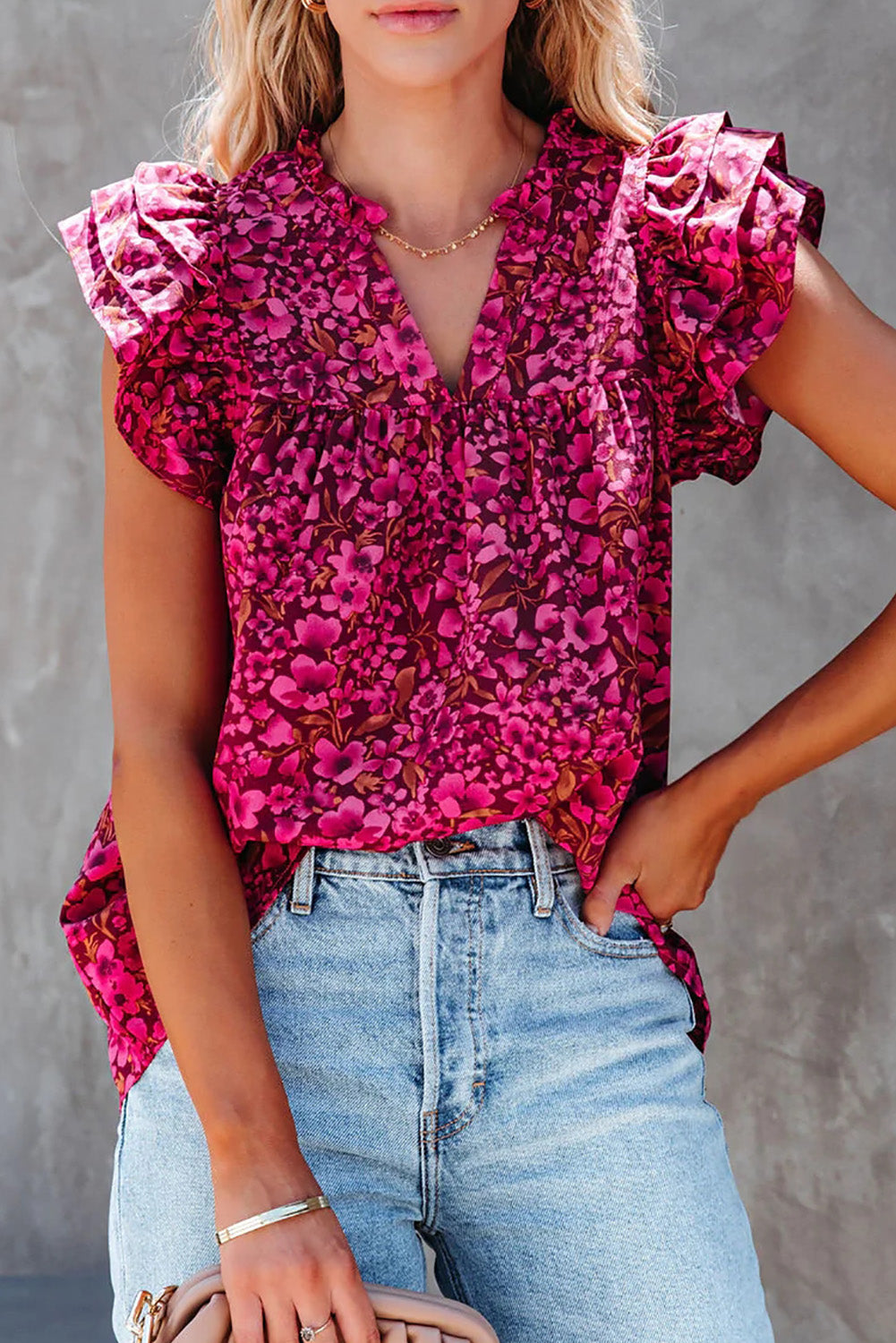 Floral Print Tiered Flutter Sleeve V Neck Top