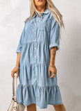 Ruffled Denim Full Buttoned Midi Dress