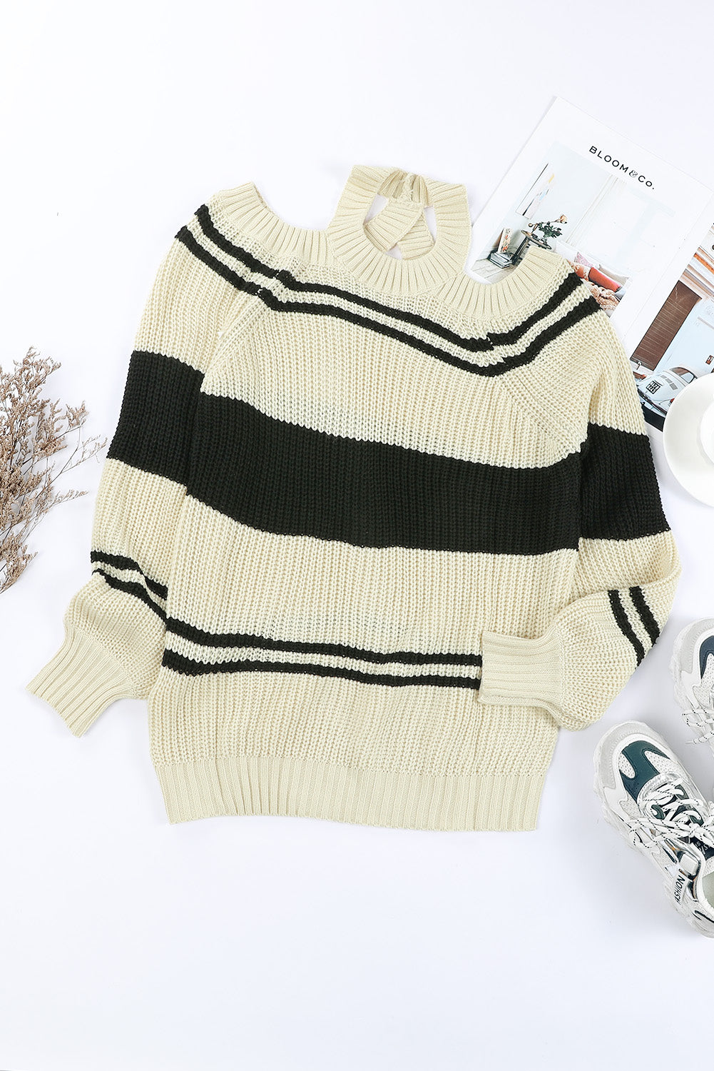 Striped Cold Shoulder Knit Sweater