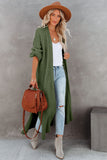 Beige Open Front Side Slit Duster Knit Cardigan