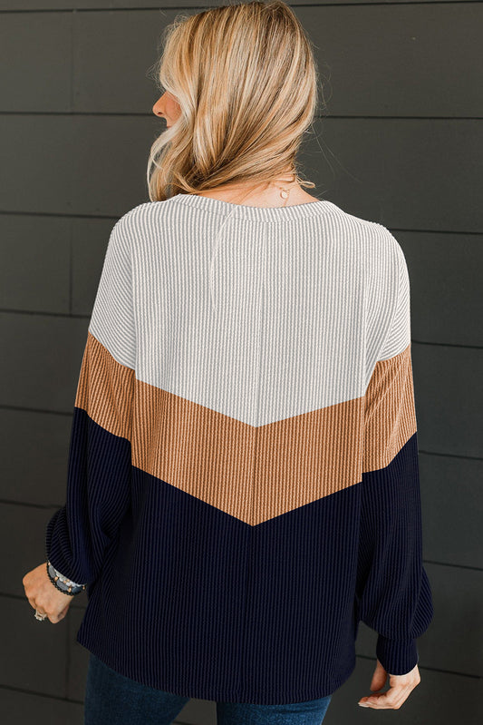 Color Block Corded Texture Long Sleeve Top