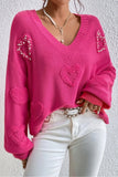 Rose Red Pearl Embellished Fuzzy Hearts V Neck Sweater