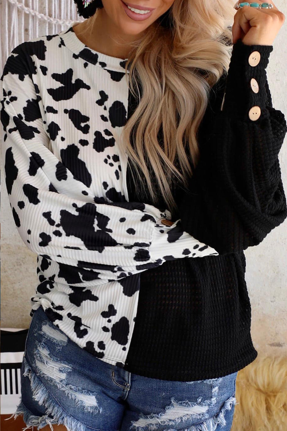 Cow Patchwork Waffle Knit Long Sleeve Top