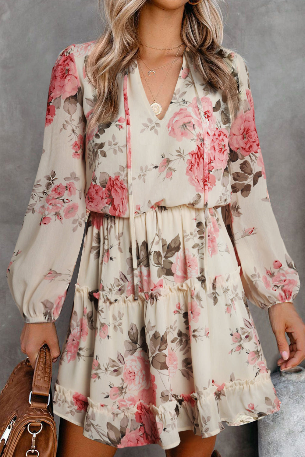 Floral Split Neck Cinched Waist Ruffle Mini Dress