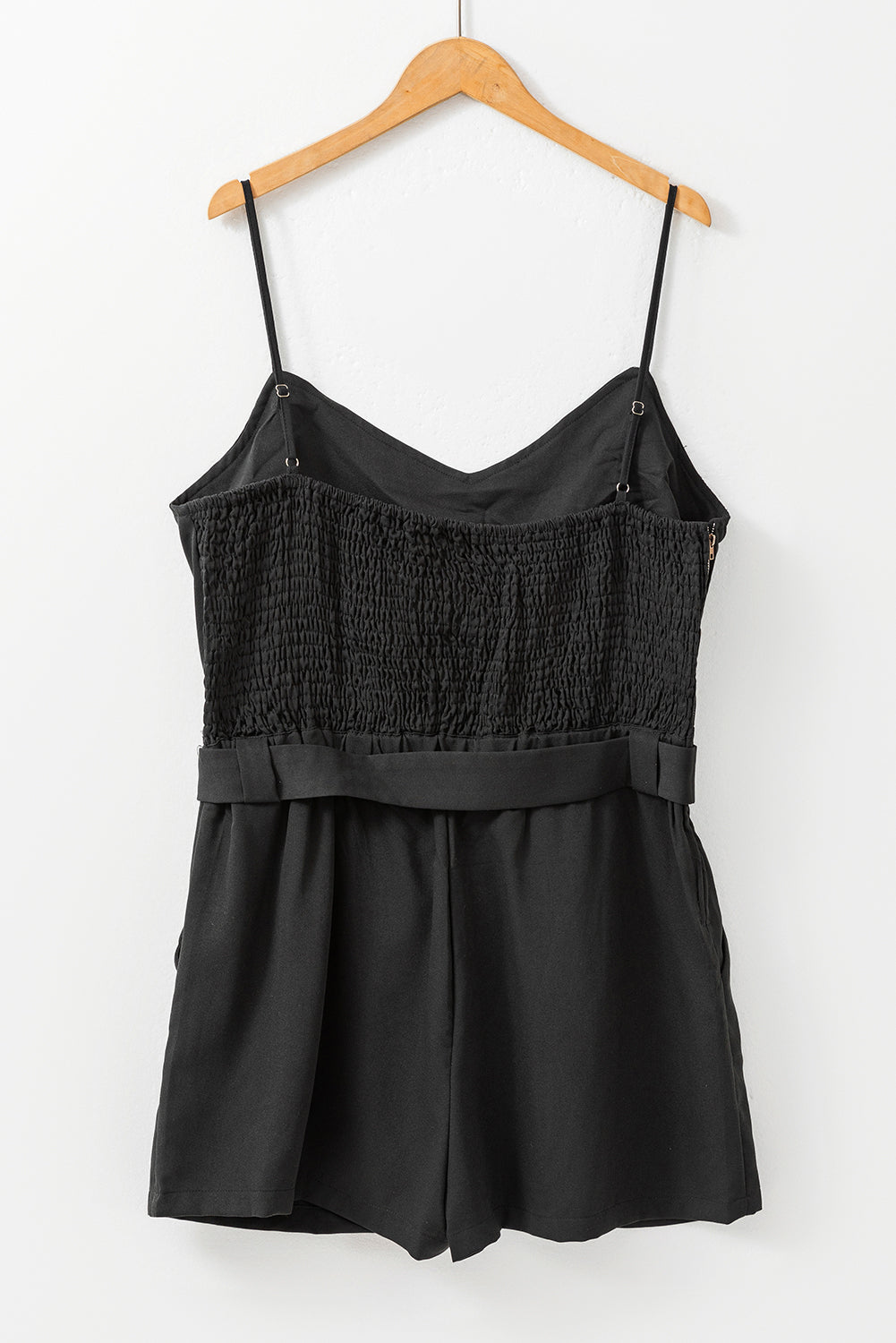 Black Shirred Back Buckle Belted Romper