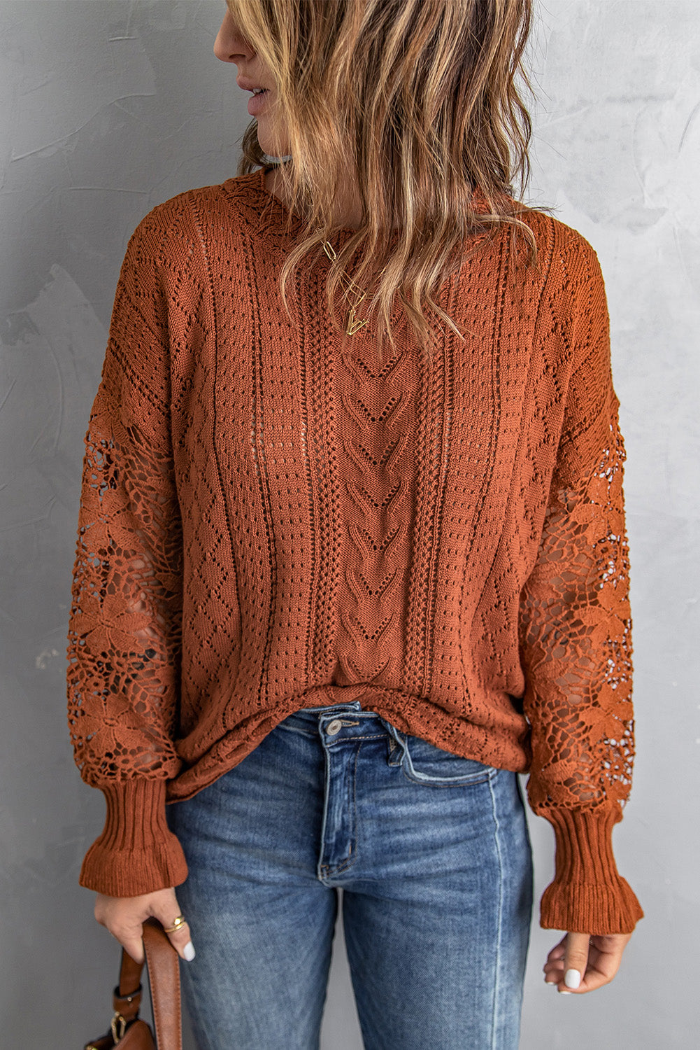 Crochet Lace Pointelle Knit Sweater