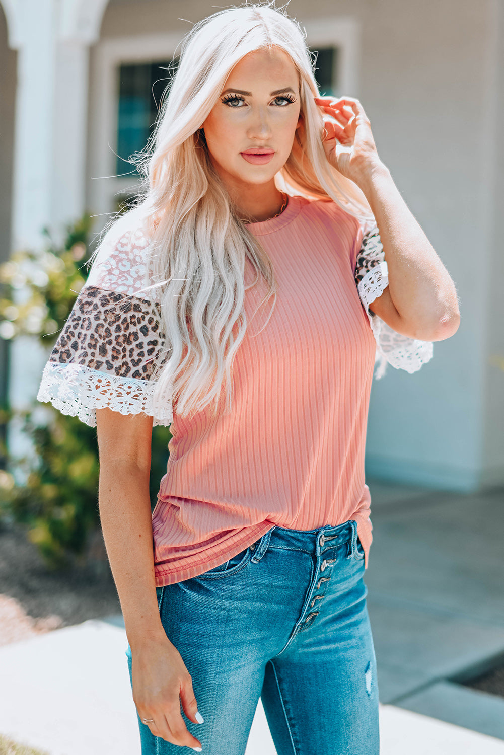 Ribbed Leopard Bell Sleeve Top