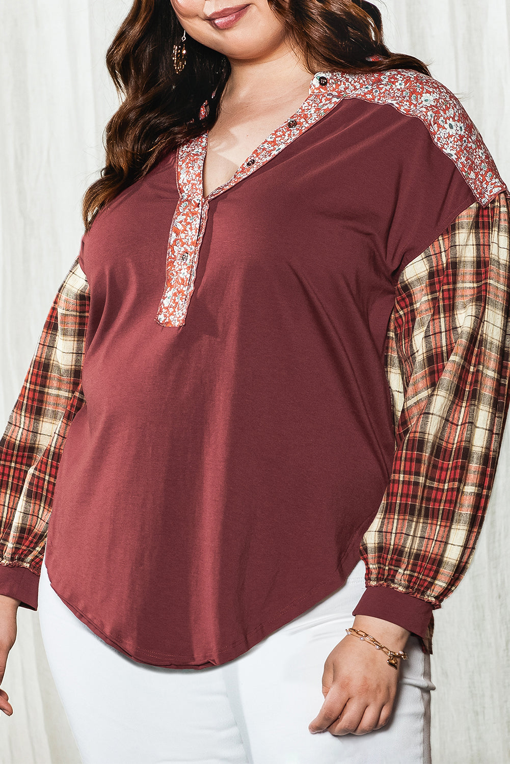 Red Floral Plaid Mixed Print Bishop Sleeve Patchwork Top