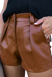 Faux Leather Pleated Casual Shorts