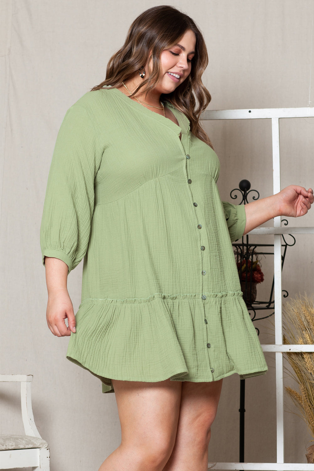 Textured Ruffled Buttoned V Neck Plus Size Mini Dress