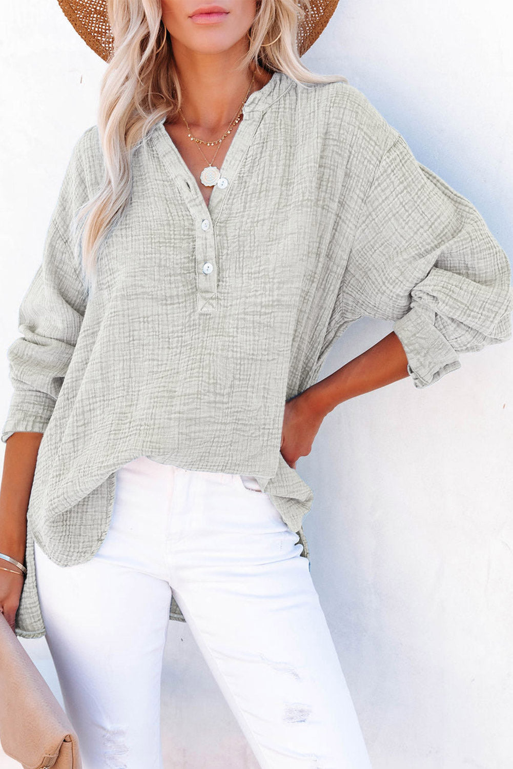 Sky Blue Crinkle Textured Loose Henley Top