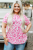 Leopard Print Textured Knit Short Sleeve Plus Size T Shirt