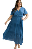 Plus Size Pleated Lace-up V Neck Wrap Maxi Dress