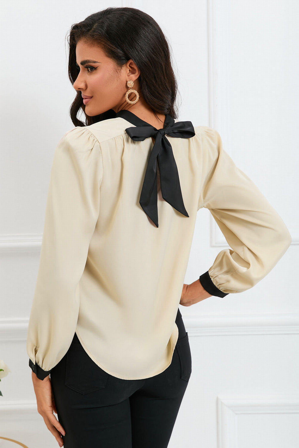 Color Block Bow Back Mock Neck Blouse